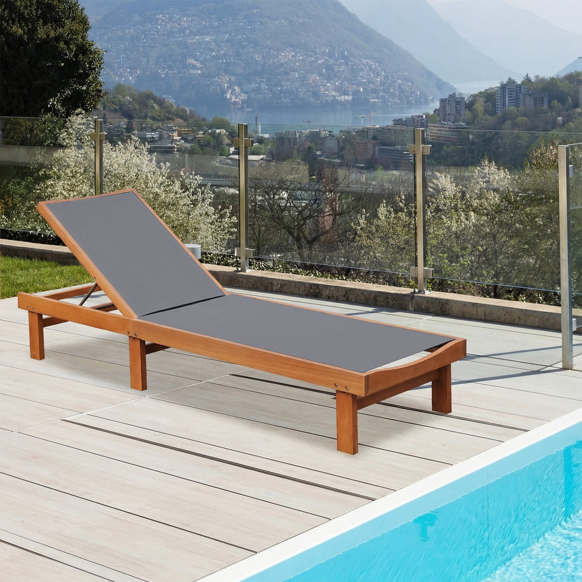 Eucalyptus Wood Chaise Lounge with Sling Seat and 5 Positions, 79 in