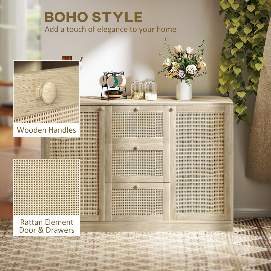 Boho Sideboard Buffet Cabinet, Kitchen Coffee Bar Cabinet with 3 Drawers, 2 Adjustable Shelves and 4 Racks, Natural