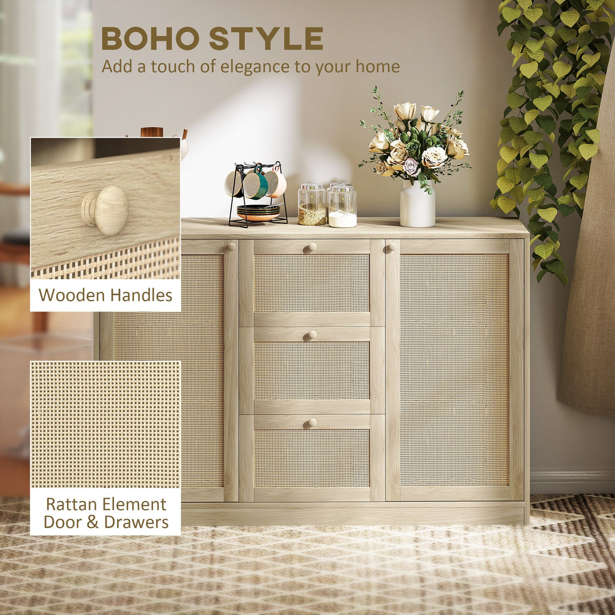 Boho Sideboard Buffet Cabinet, Kitchen Coffee Bar Cabinet with 3 Drawers, 2 Adjustable Shelves and 4 Racks, Natural