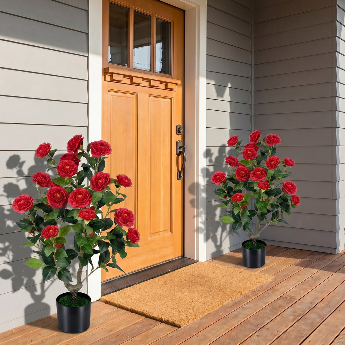 Artificial Camellia Tree Faux Flower Plant in Cement-Filled Pot=Red