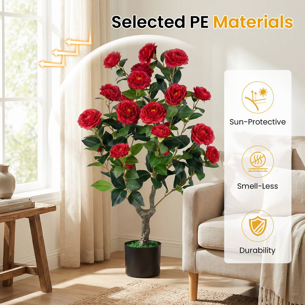 Artificial Camellia Tree Faux Flower Plant in Cement-Filled Pot=Red