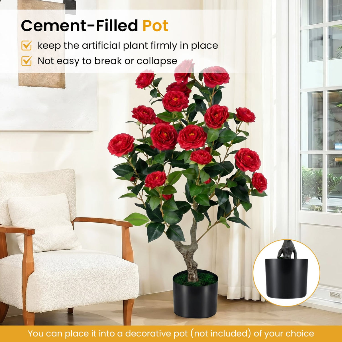 Artificial Camellia Tree Faux Flower Plant in Cement-Filled Pot=Red