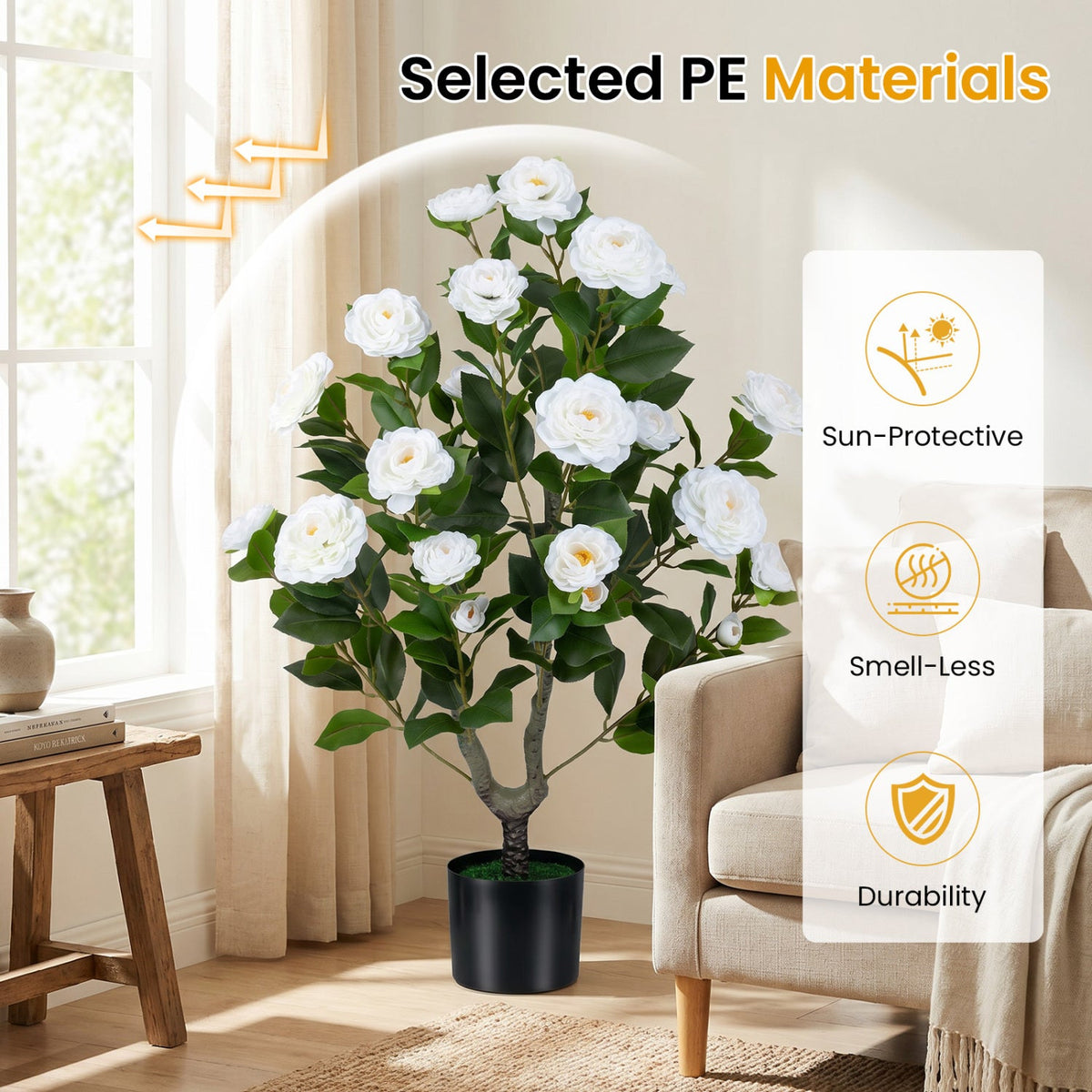 Artificial Camellia Tree Faux Flower Plant in Cement-Filled Pot-White