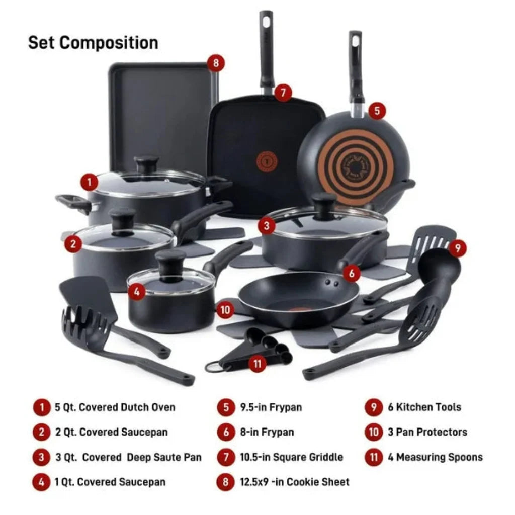 T-FAL B495LSID Kitchen Solutions 22pc Cookware Set - Blemished package with full warranty