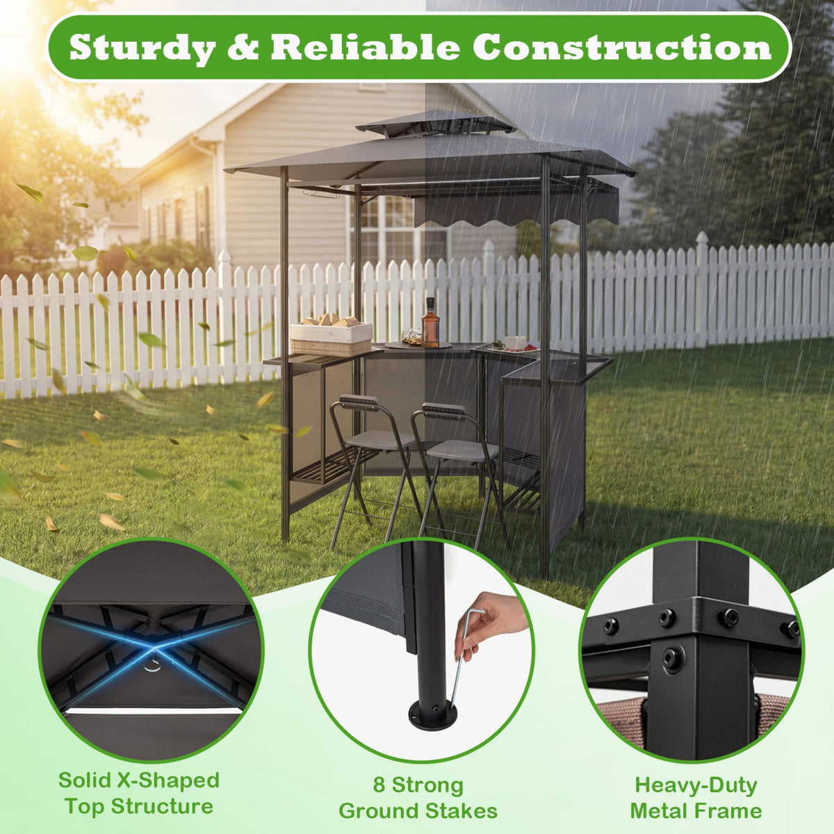 BBQ Gazebo Canopy with 4 Slatted Metal Shelves 6 Hanging Hooks and 2-Row Glass Holders-Black