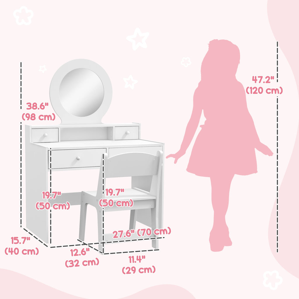 Kids Vanity Set, Children Makeup Table with Mirror, Stool and Storage Drawers, for Ages 3-8, Pink