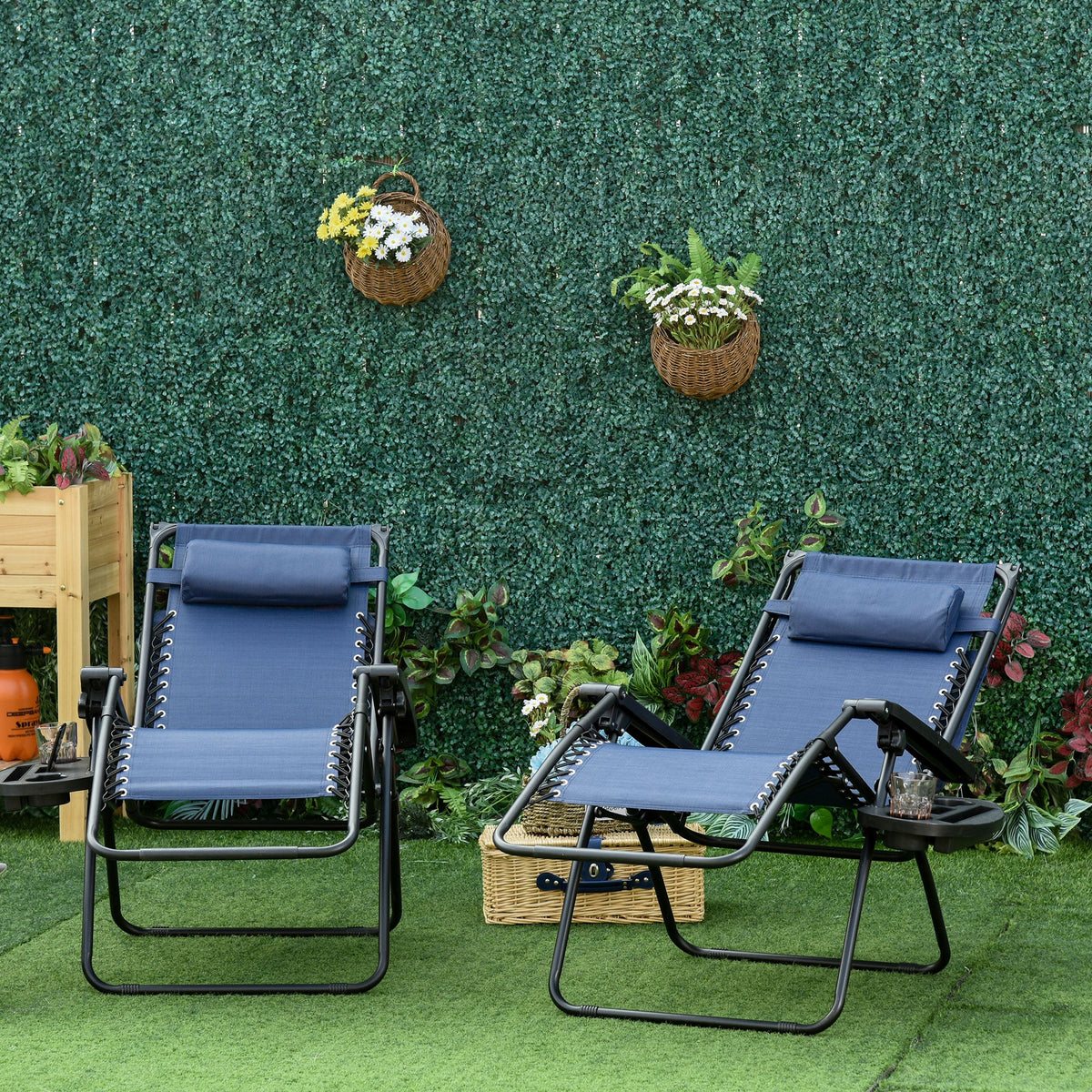 2 Piece Foldable Lounge Chair with Canopy Shade, Outdoor Zero Gravity Chair w/ Side Tray & Cup Holder, Reclining Lounger w/ Breathable Mesh Fabric Seat, Pillow, Sky Blue