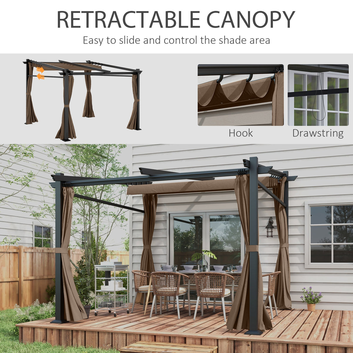 Metal Pergola with Sliding Roof Canopy, Retractable Pergola Canopy, 10' x 10', Beige