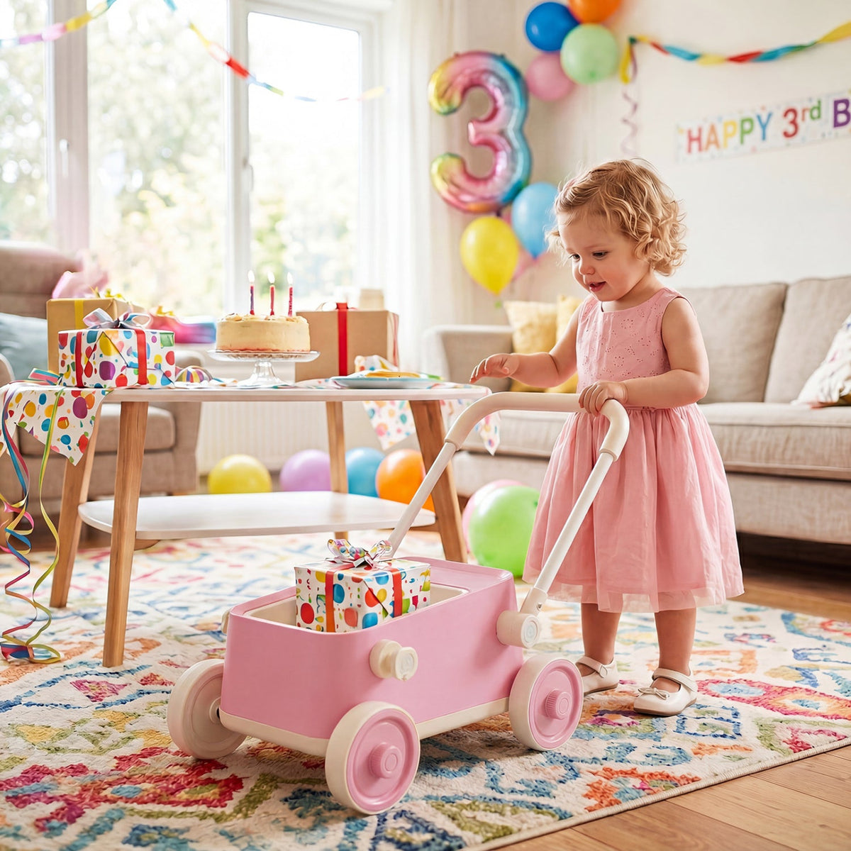 Baby Push Walker with Wheels and Foldable Handlebar and Storage Basket-Pink