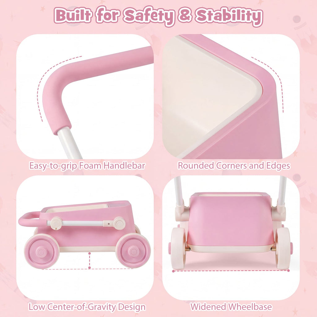 Baby Push Walker with Wheels and Foldable Handlebar and Storage Basket-Pink