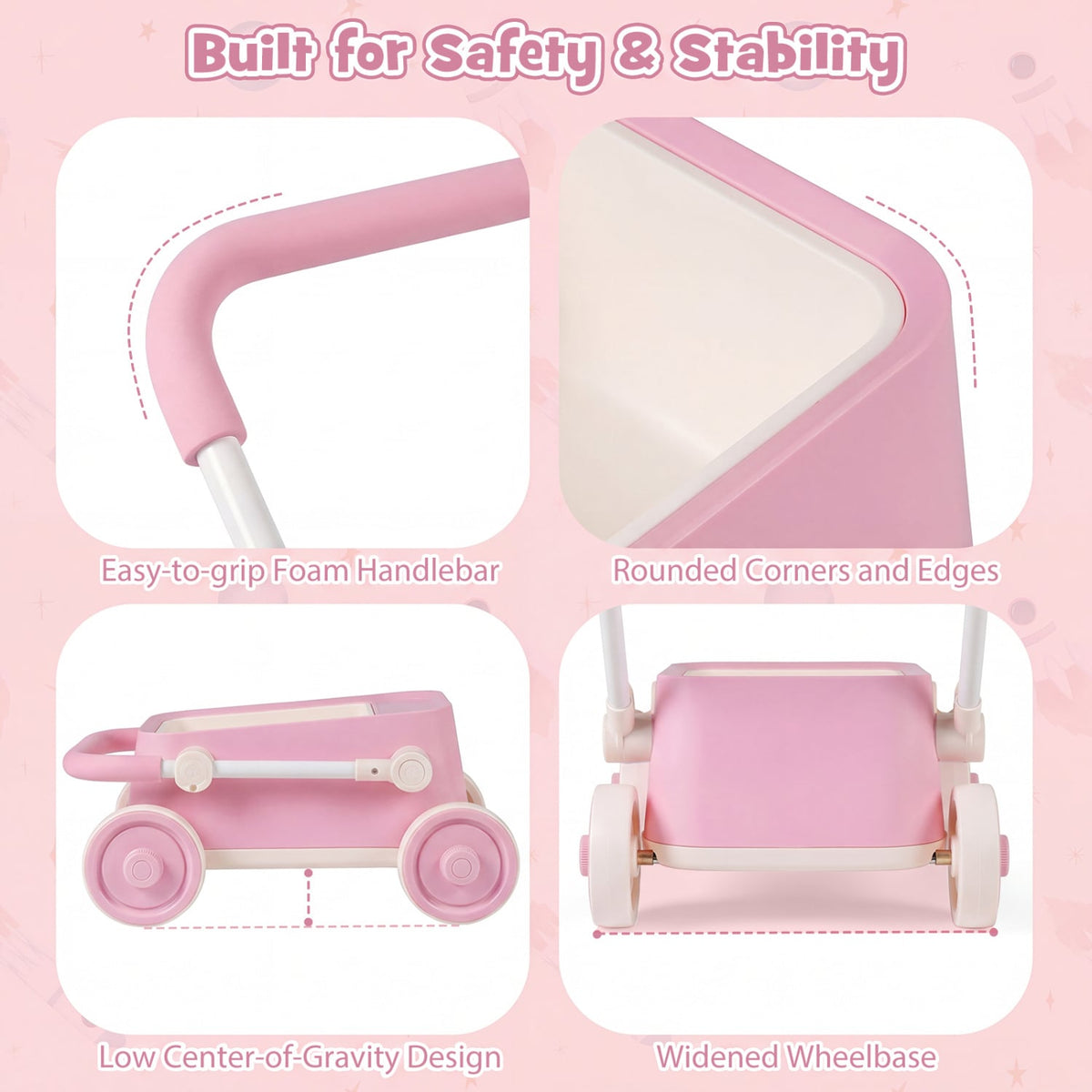 Baby Push Walker with Wheels and Foldable Handlebar and Storage Basket-Pink