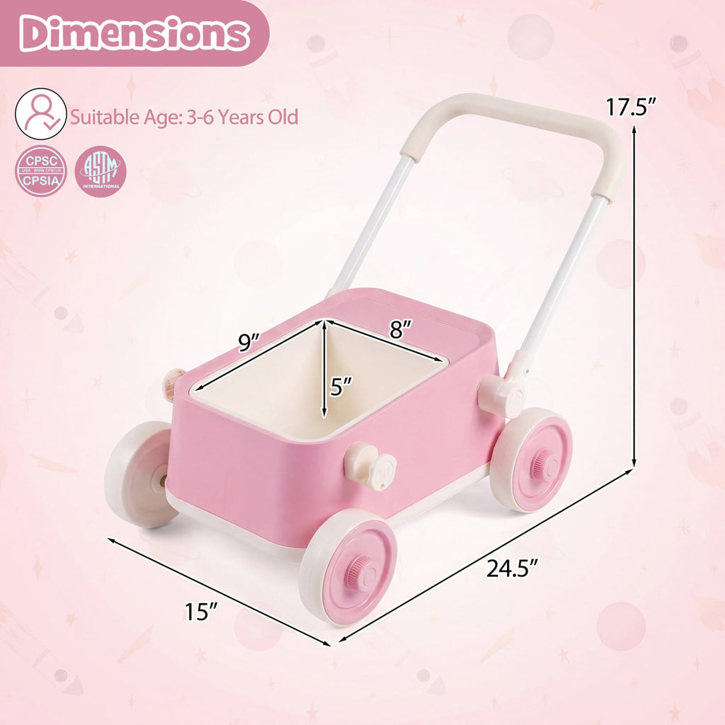 Baby Push Walker with Wheels and Foldable Handlebar and Storage Basket-Pink