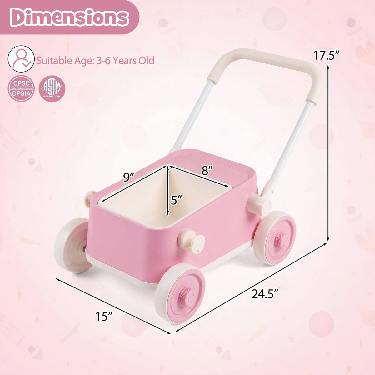 Baby Push Walker with Wheels and Foldable Handlebar and Storage Basket-Pink