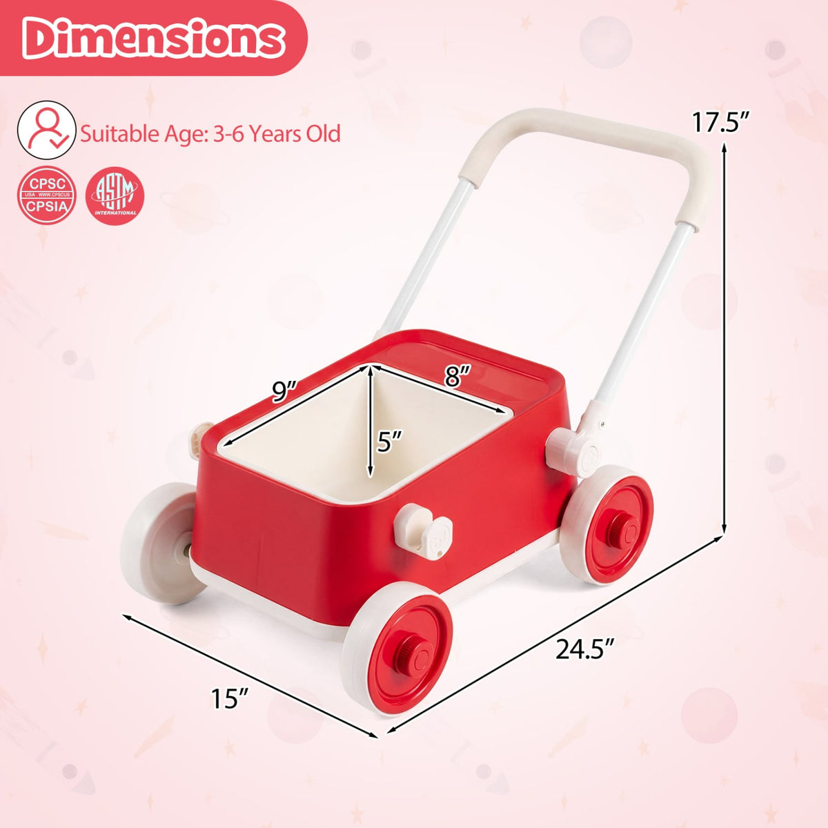 Baby Push Walker with Wheels and Foldable Handlebar and Storage Basket-Red