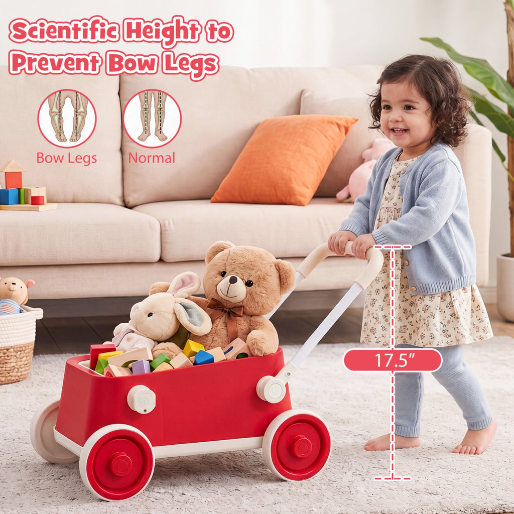 Baby Push Walker with Wheels and Foldable Handlebar and Storage Basket-Red