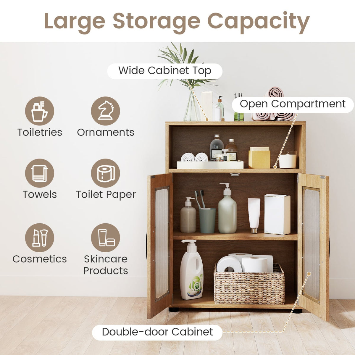 Bathroom Cabinet Freestanding Cabinet with 2 Doors and 3-Level Adjustable Shelf-Natural