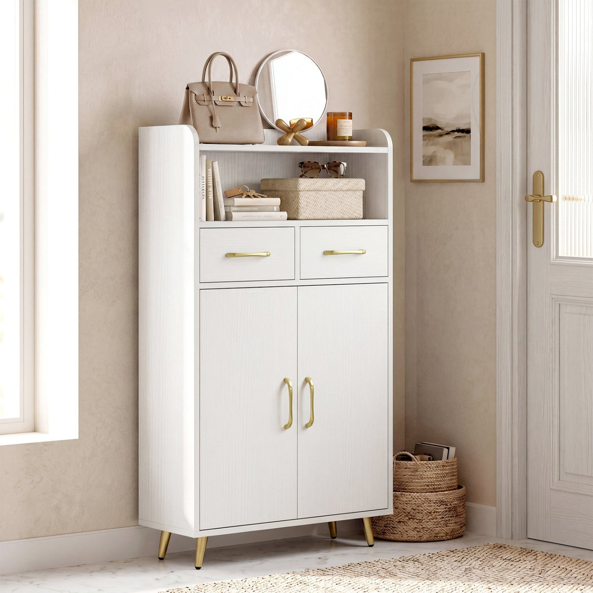 Bathroom Storage Cabinet Freestanding Floor Cabinet with 2 Drawers and 2 Doors-White