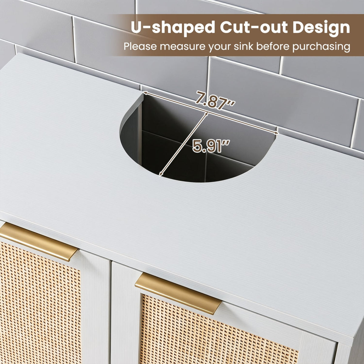 Bathroom Vanity Cabinet with U-Shaped Cut-Out 2 Rattan Doors and Shelf-White