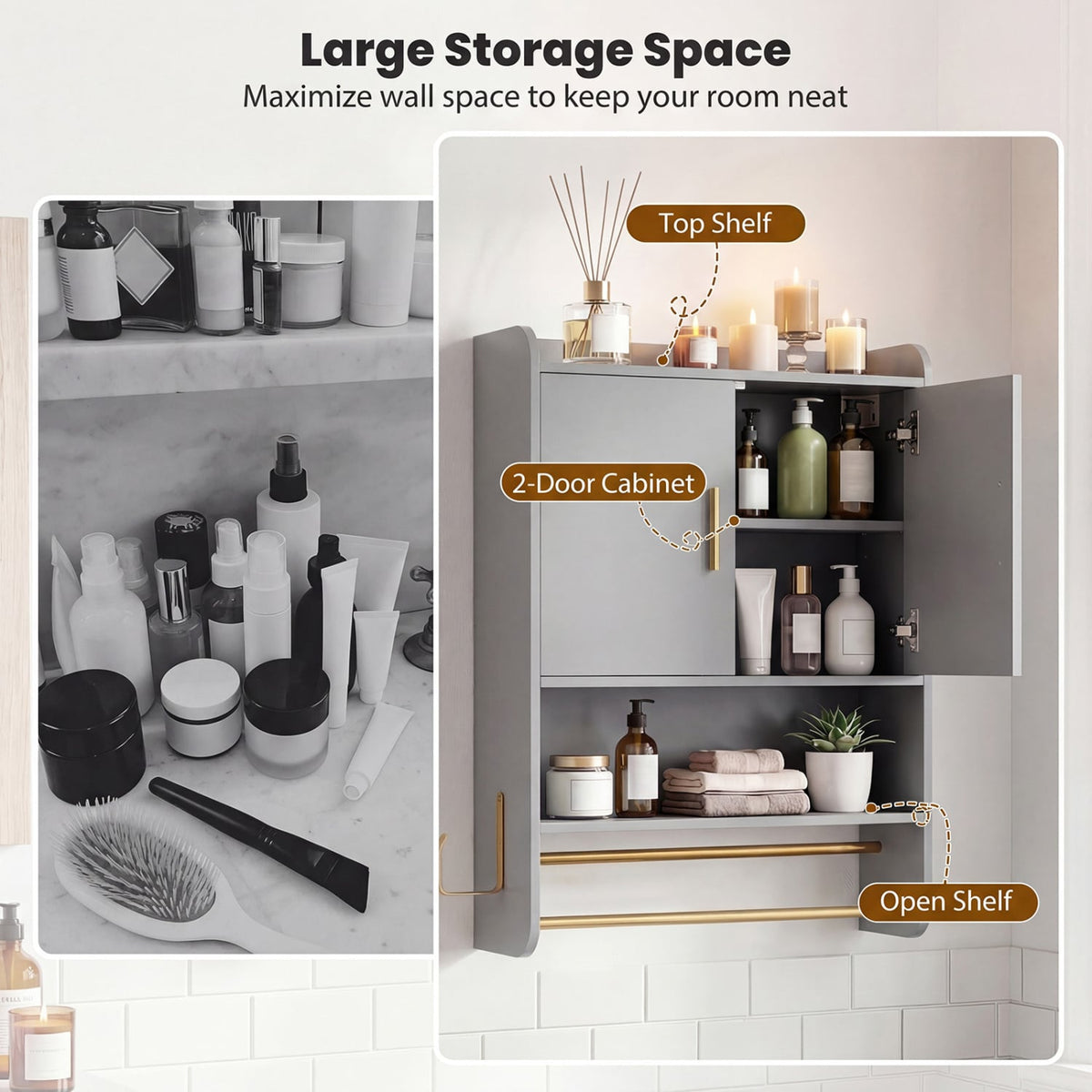 Bathroom Wall Cabinet Wall Mounted Medicine Cabinet with Towel Bars-Grey