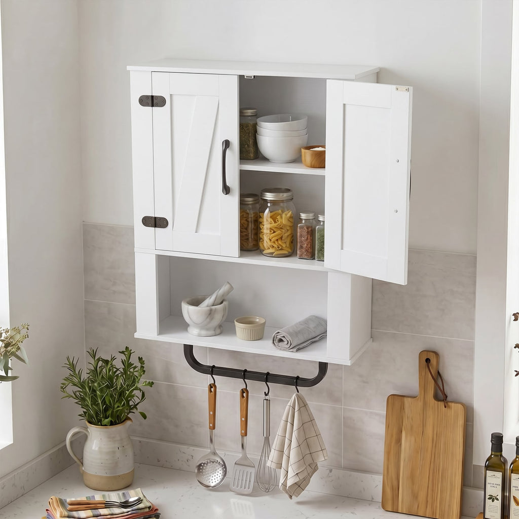 Bathroom Wall Cabinet with 2 Barn Doors and Towel Bar and 3-Tier Wooden Storage-White
