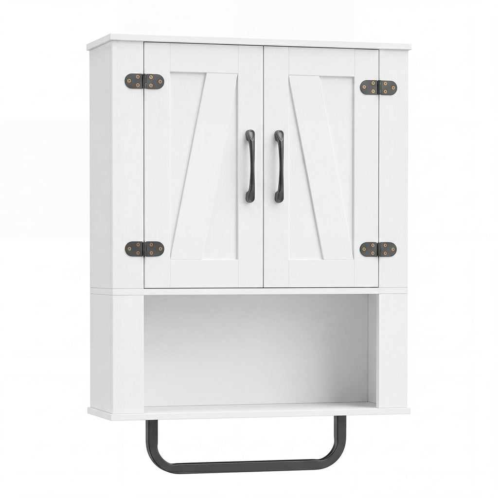 Bathroom Wall Cabinet with 2 Barn Doors and Towel Bar and 3-Tier Wooden Storage-White