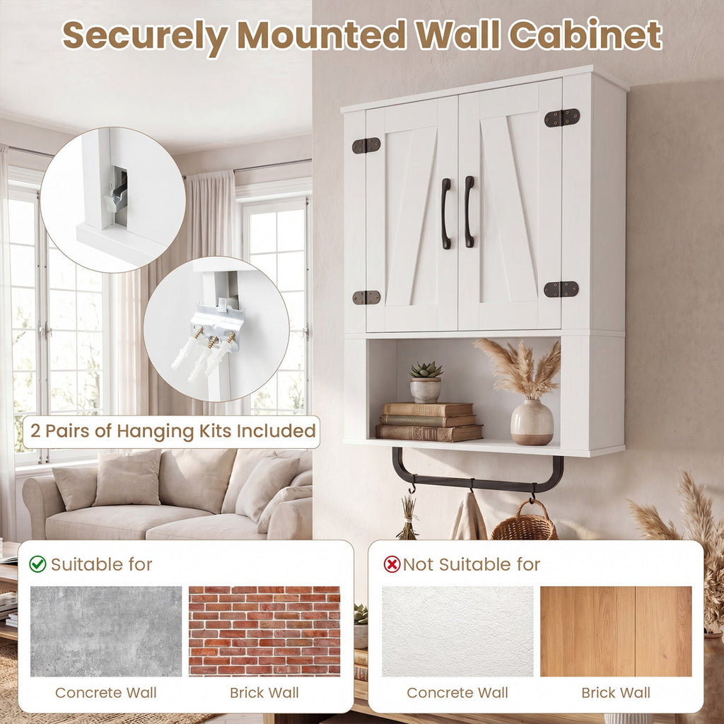 Bathroom Wall Cabinet with 2 Barn Doors and Towel Bar and 3-Tier Wooden Storage-White