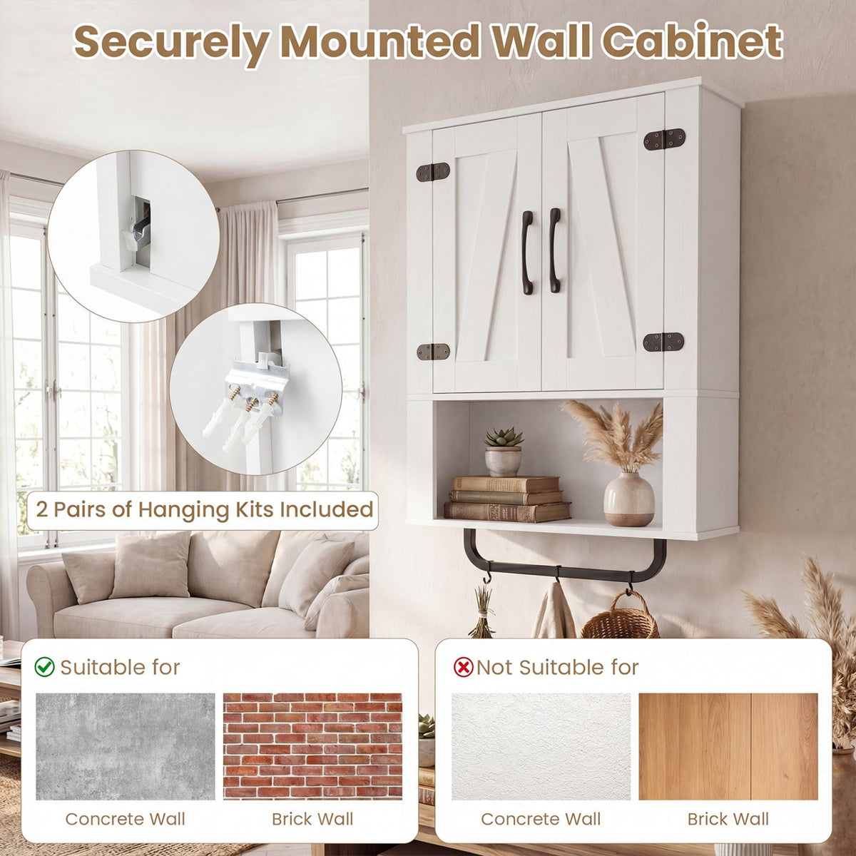 Bathroom Wall Cabinet with 2 Barn Doors and Towel Bar and 3-Tier Wooden Storage-White