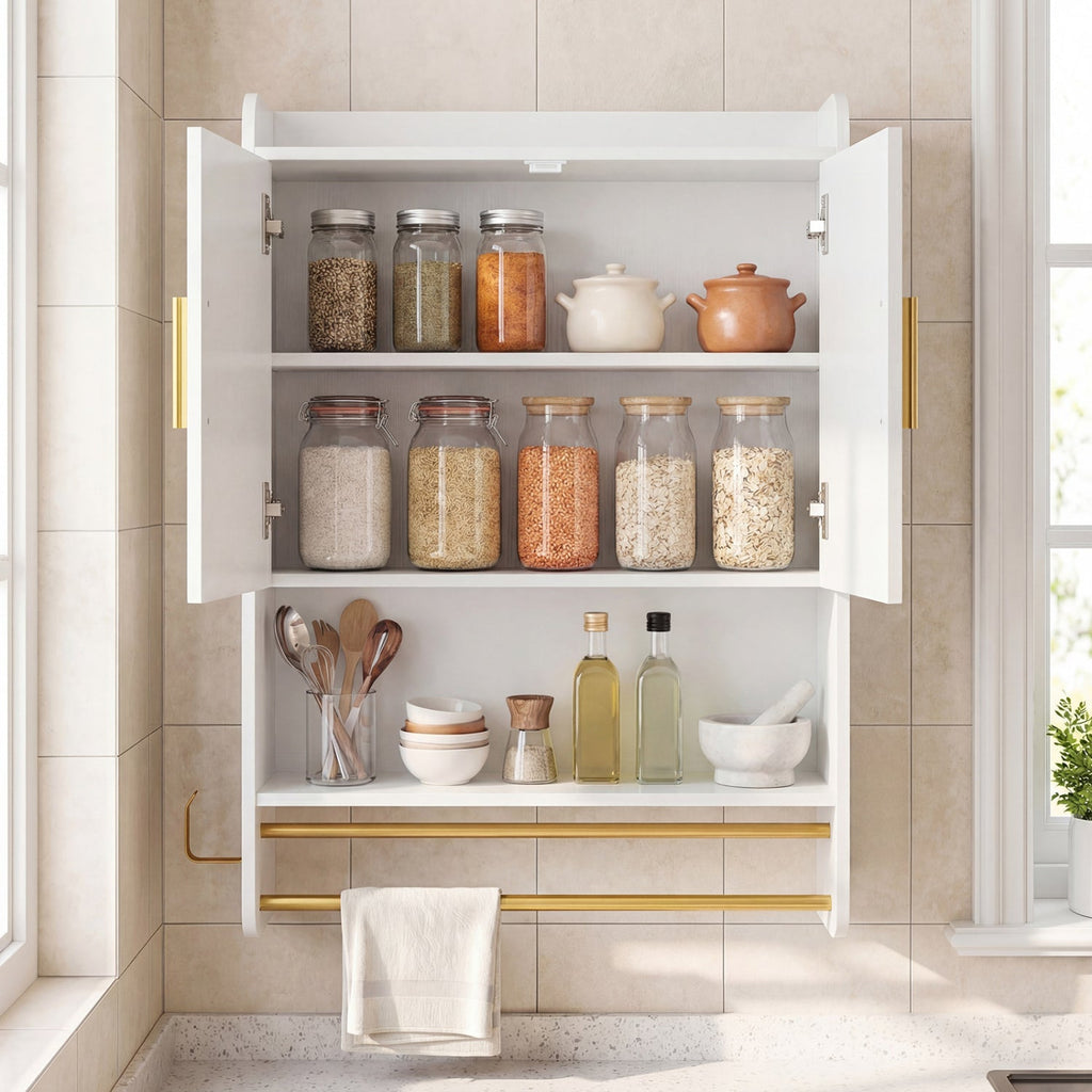 Bathroom Wall Cabinet Wall Mounted Medicine Cabinet with Towel Bars-White