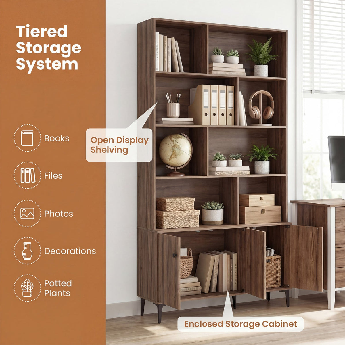 Bookshelf with 3 Doors and 2 Anti-Tipping Kits for Home Office-Walnut