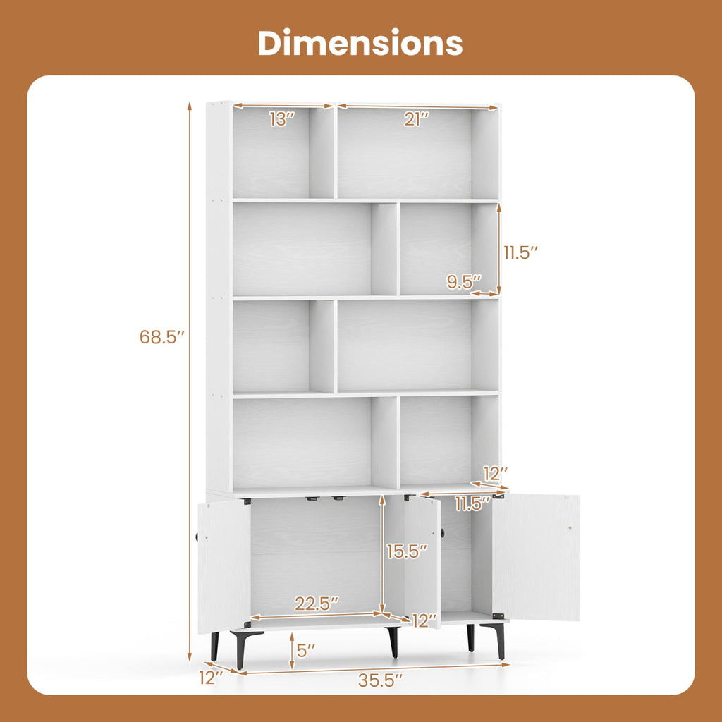 Bookshelf with 3 Doors and 2 Anti-Tipping Kits for Home Office-White