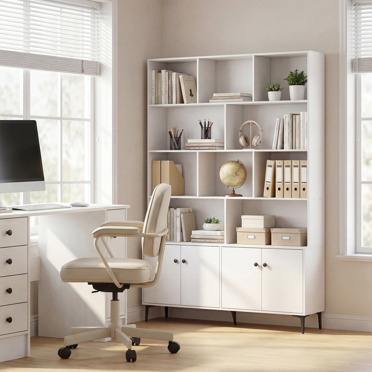 Bookshelf with 4 Doors and 2 Anti-Tipping Kits for Home Office-White