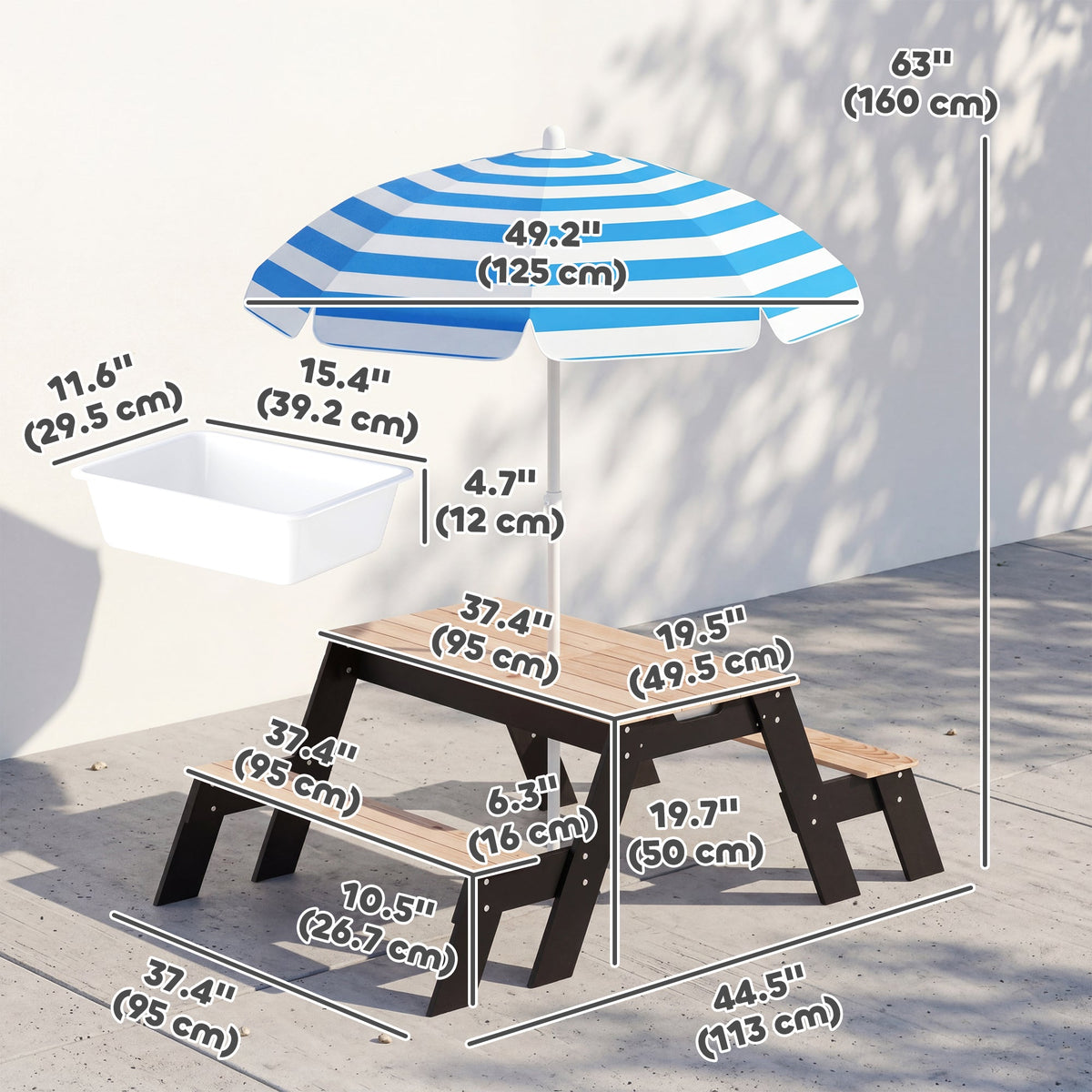 Kids Picnic Table with Umbrella, 3 in 1 Wooden Sand & Water Table with 2 Hidden Play Boxes for Patio, Ages 3-6
