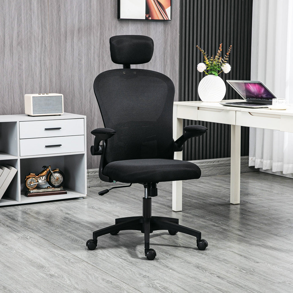 Office Chair, Mesh Computer Desk Chair with Adjustable Headrest, 4D Lumbar Support, Flip-up Arm, Grey
