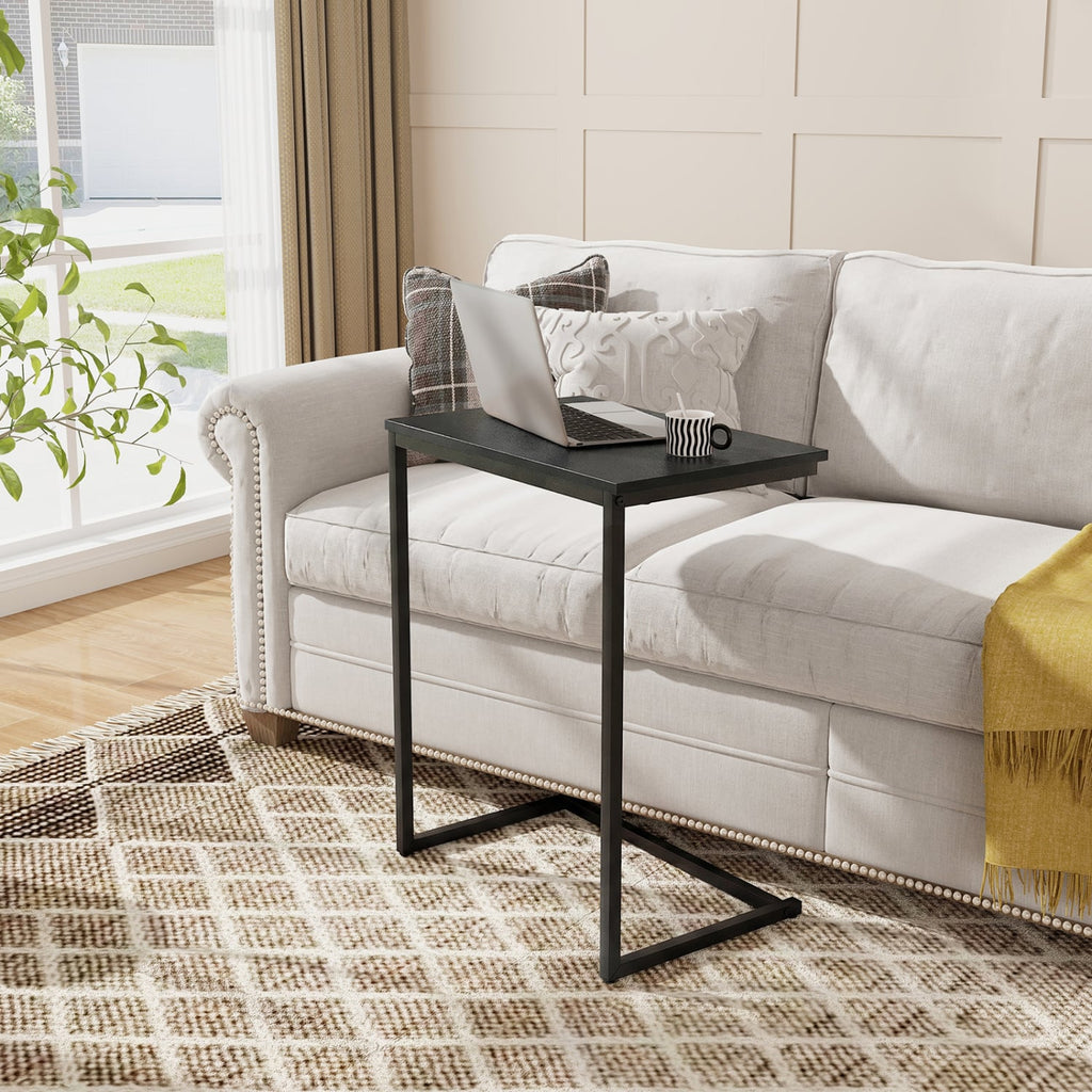C-Shaped Side Table Sofa Snack End Table with Metal Frame-Black