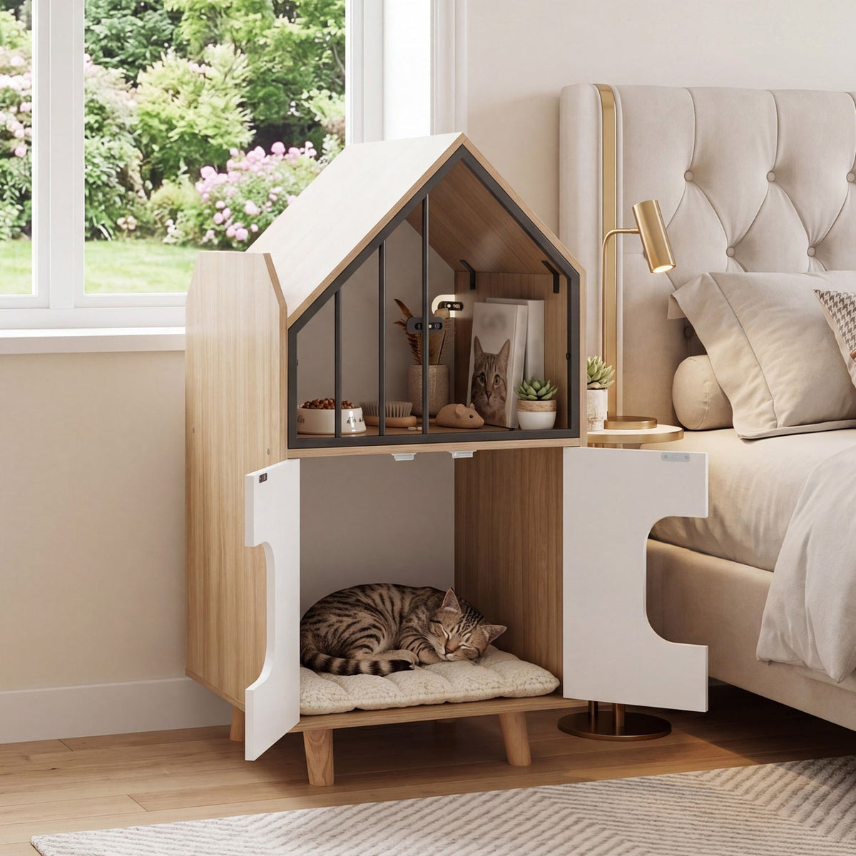Cat Litter Box Enclosure with Shelf and 2 Doors Wooden House-Shaped for IndoorNatural