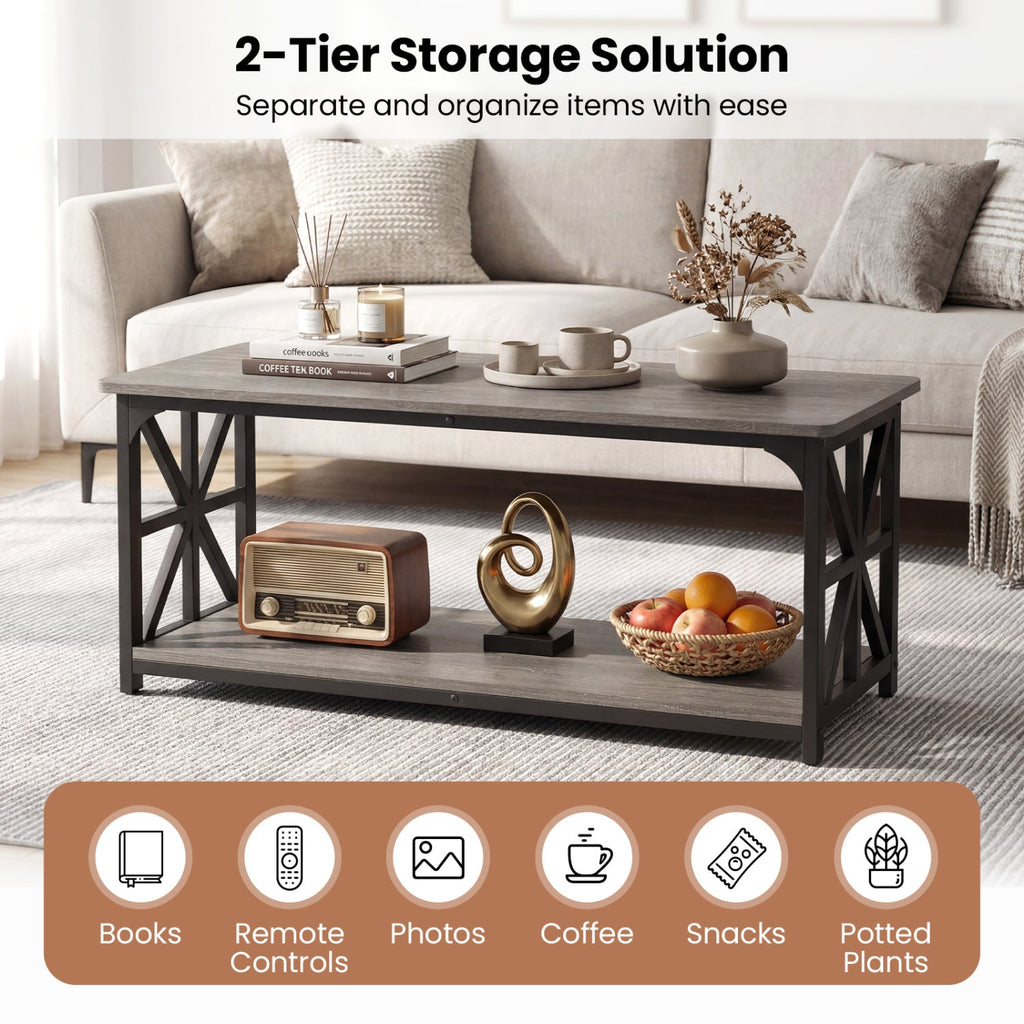Coffee Table 2-Tier Center Table with Storage Shelf-Oak