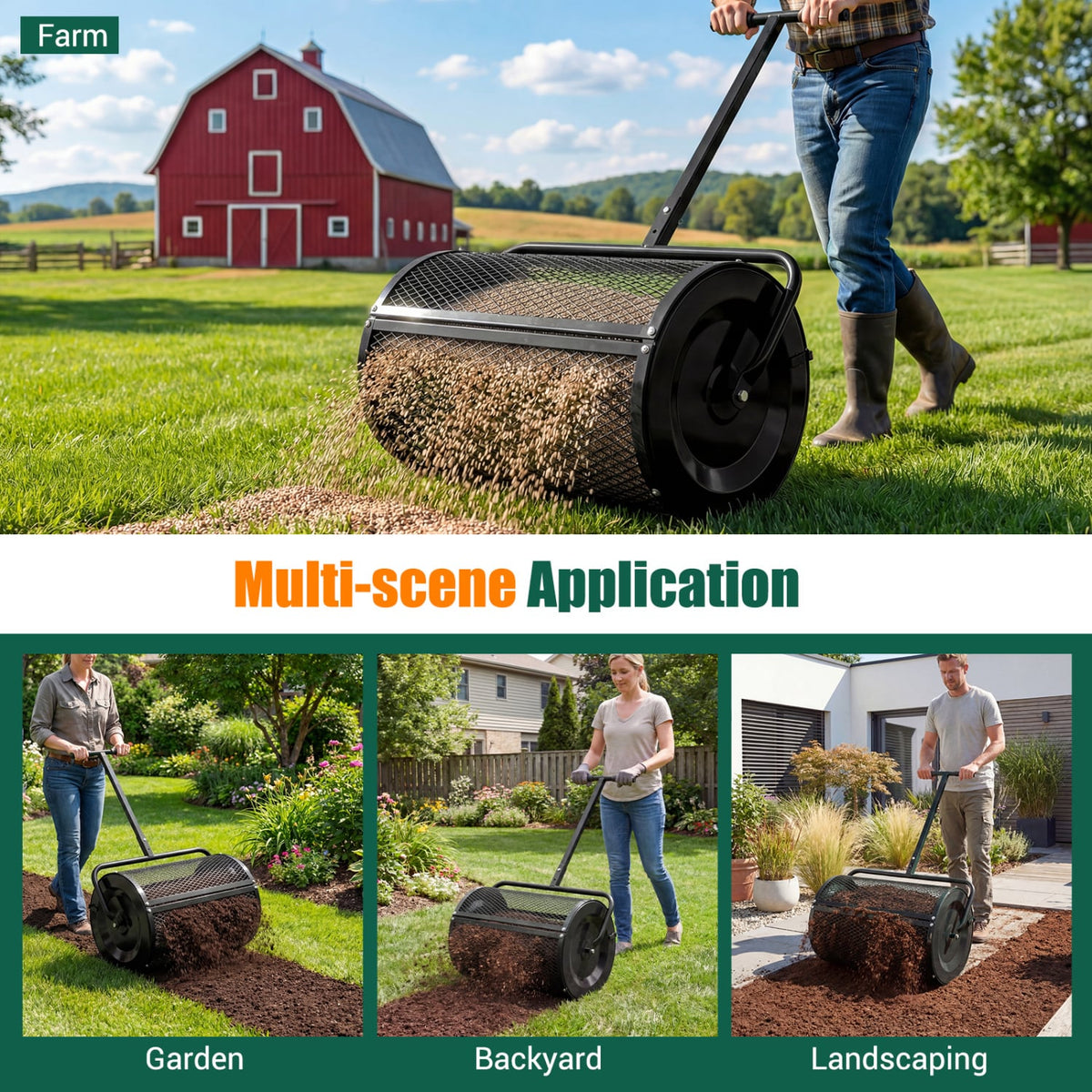 Compost Spreader 24 Inch Peat Moss Spreader Roller with Height-adjustable T-shape Handle-Black