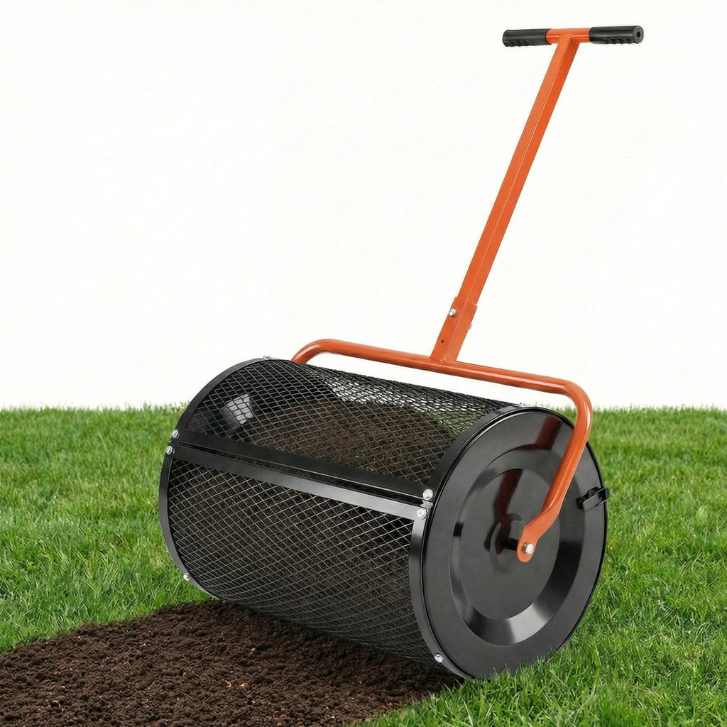 Compost Spreader 24 Inch Peat Moss Spreader Roller with Height-adjustable T-shape Handle-Orange