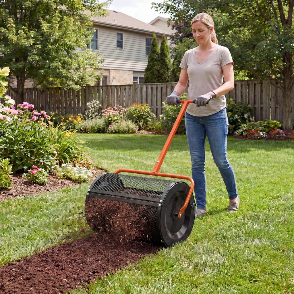 Compost Spreader 24 Inch Peat Moss Spreader Roller with Height-adjustable T-shape Handle-Orange