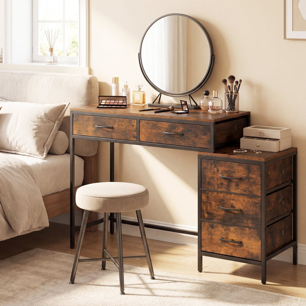 Computer Desk with 5 Drawers and Printer Stand for Bedroom and Small Spaces-Rustic Brown