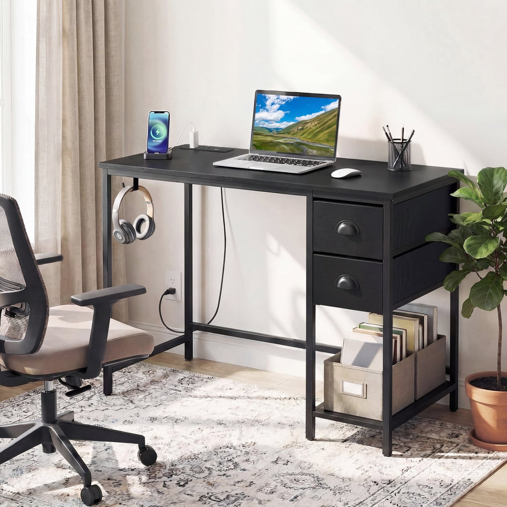 Computer Desk with Charging Station and 2 Fabric Drawers for Small Spaces-Black