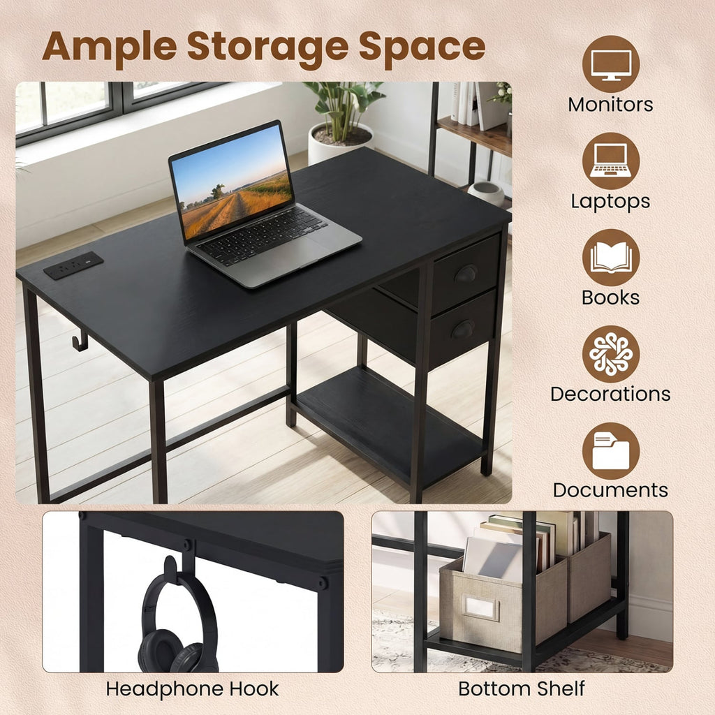 Computer Desk with Charging Station and 2 Fabric Drawers for Small Spaces-Black
