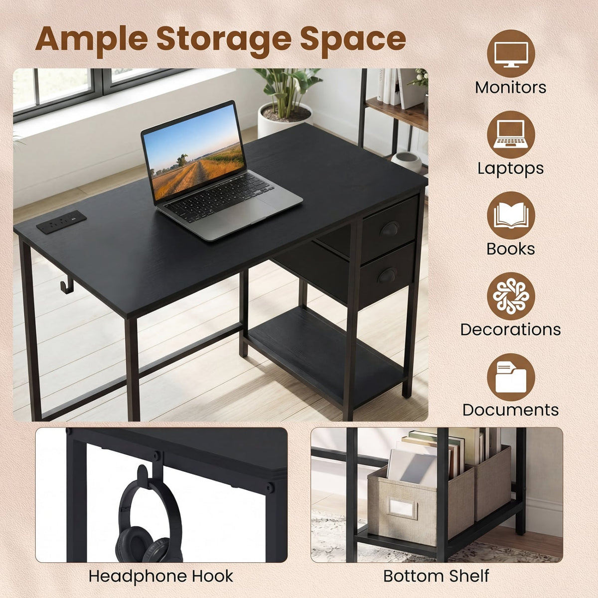 Computer Desk with Charging Station and 2 Fabric Drawers for Small Spaces-Black