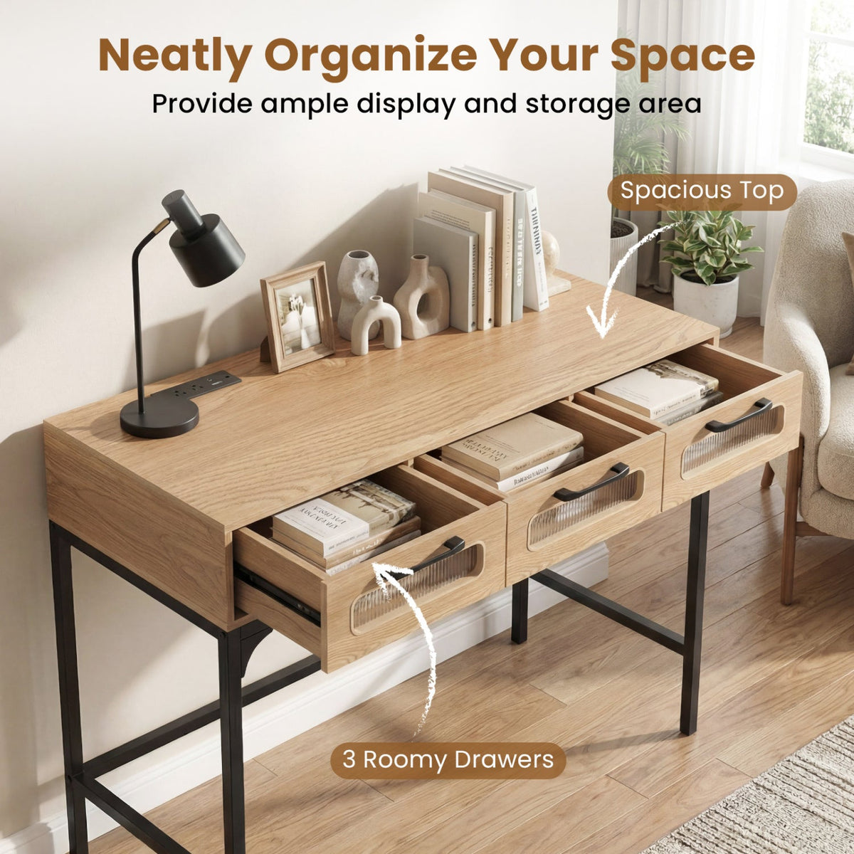 Console Table with LED Lighting and Charging Station for Living Room and Hallway-Natural