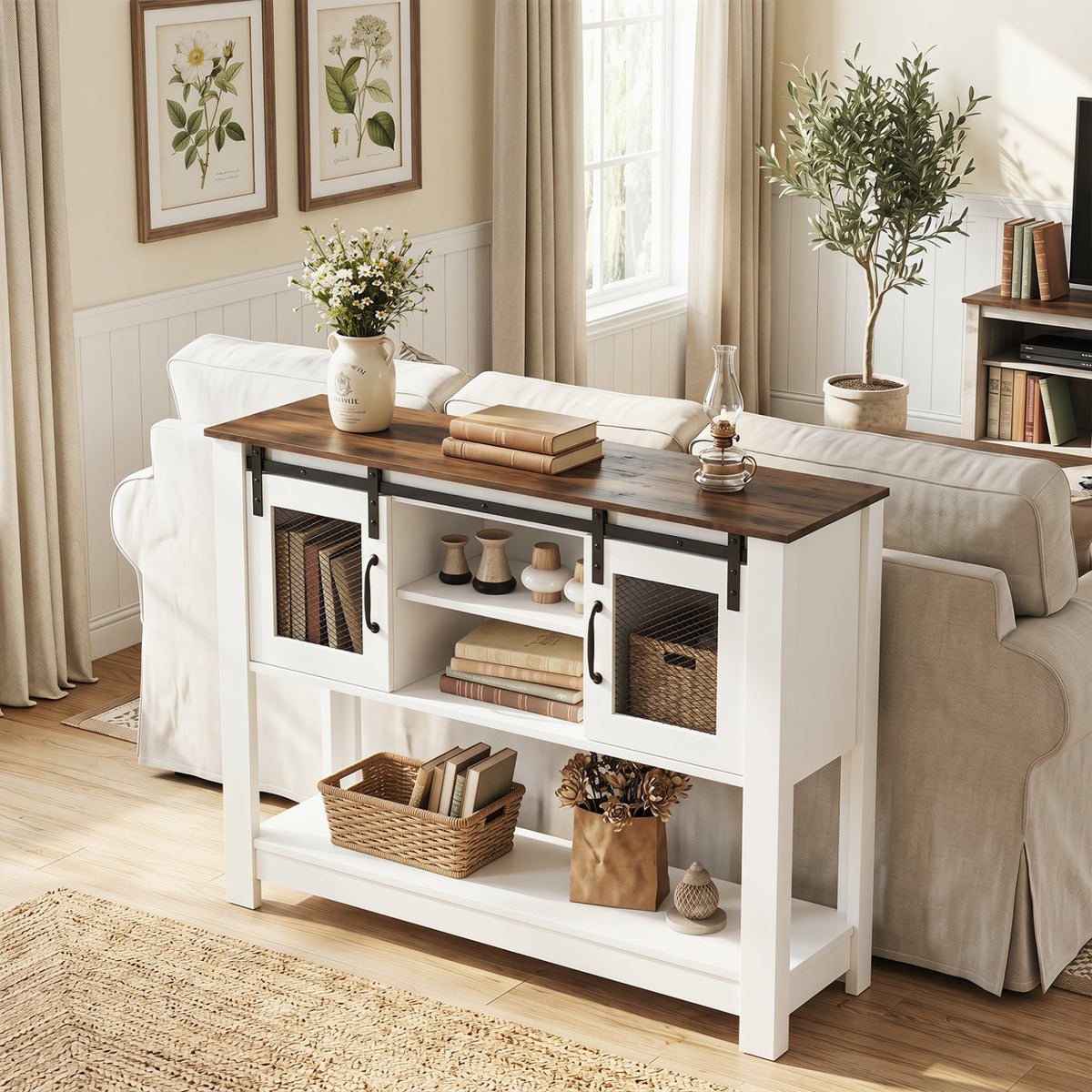 Console Table with Sliding Barn Doors and Storage Cabinets-Rustic Brown