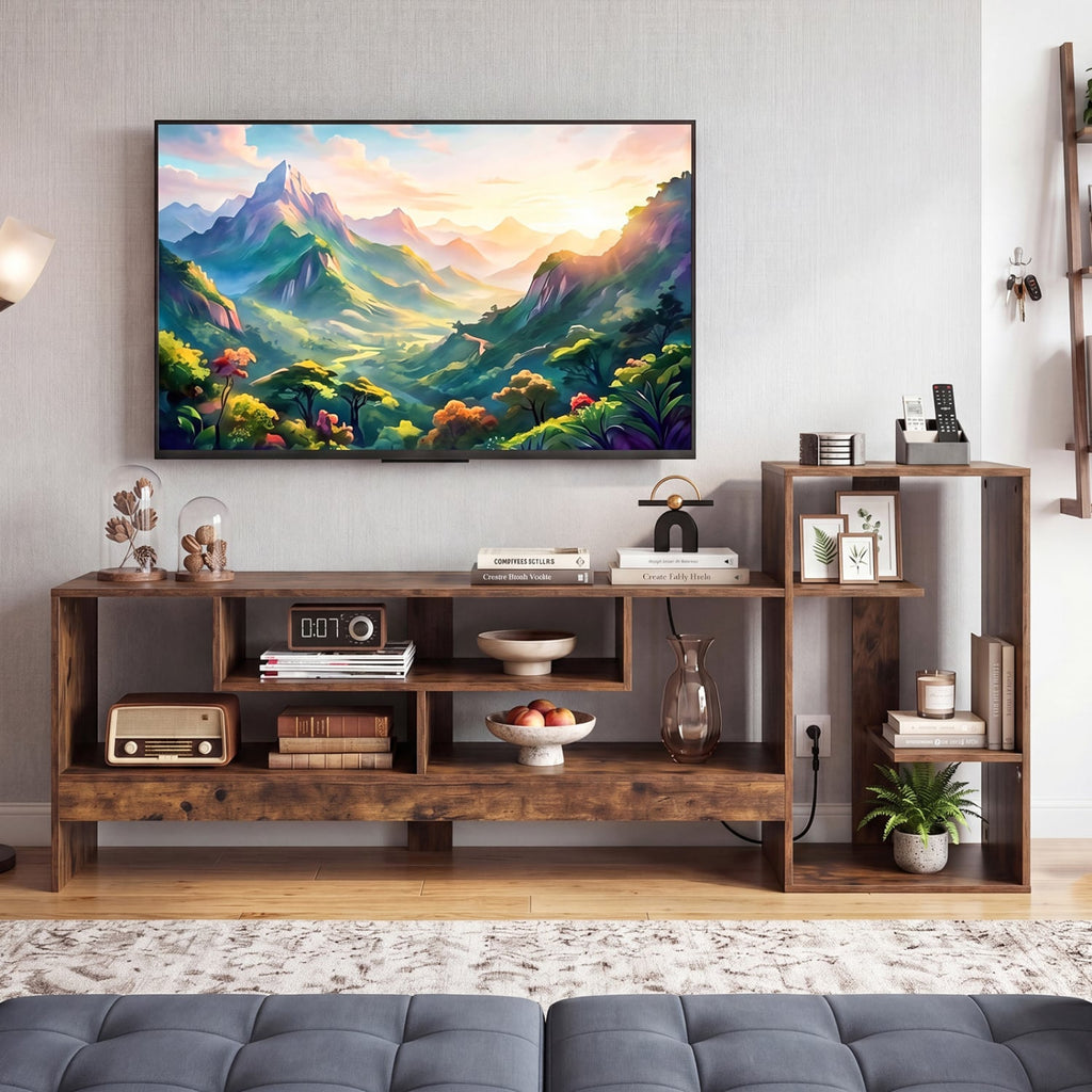 Cube TV Stand for 55 Inch TV with Power Outlets and Open Storage Shelves-Rusticbrown