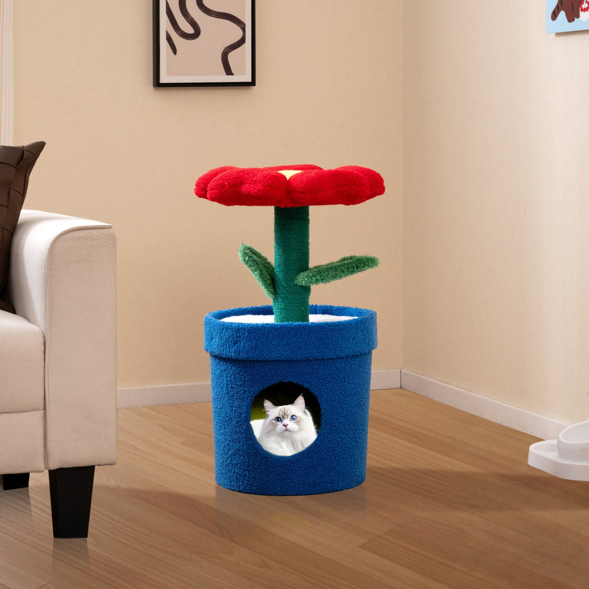 28.5 Inch Flower Cat Tree with a Petal Perch and a Planter Shaped Condo