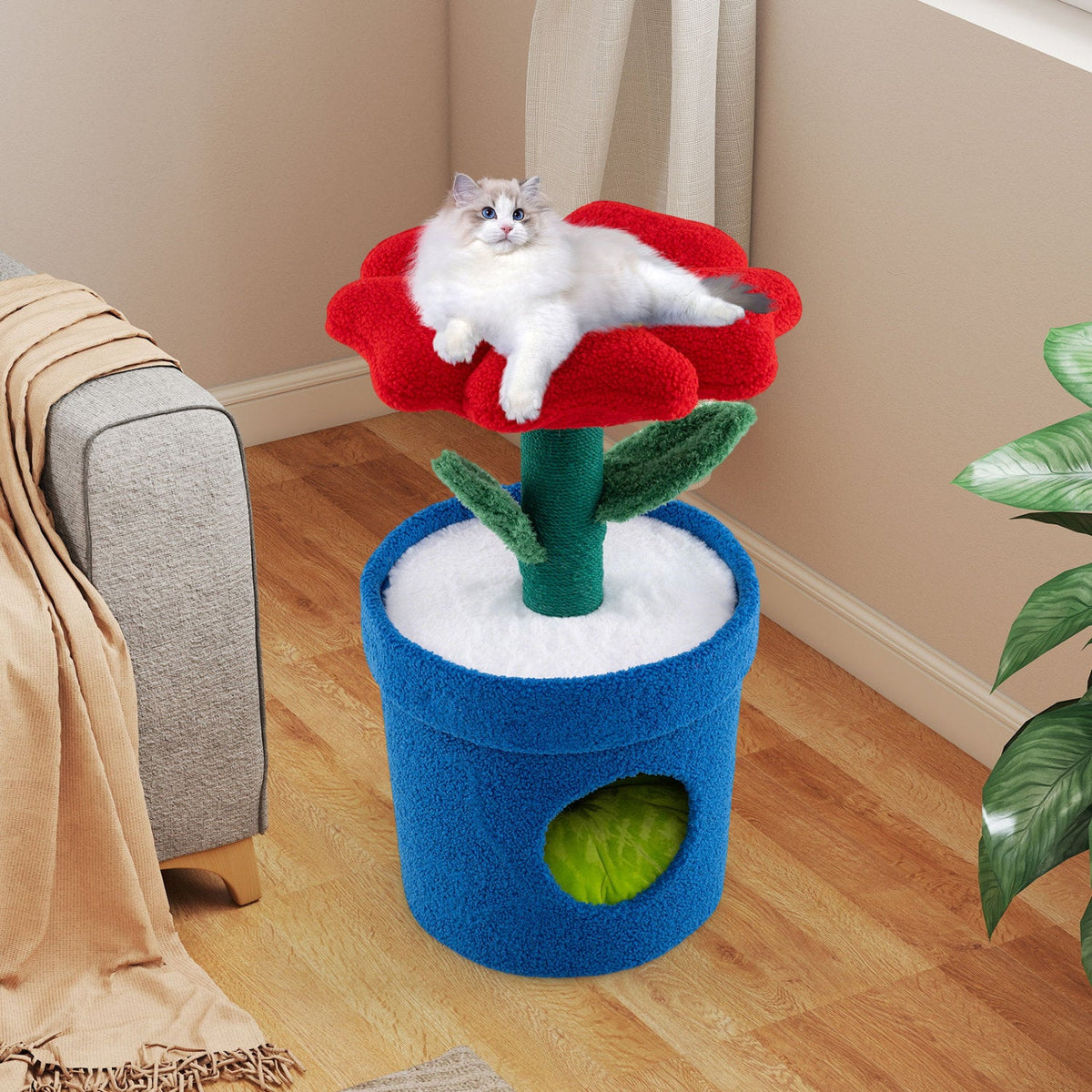 28.5 Inch Flower Cat Tree with a Petal Perch and a Planter Shaped Condo
