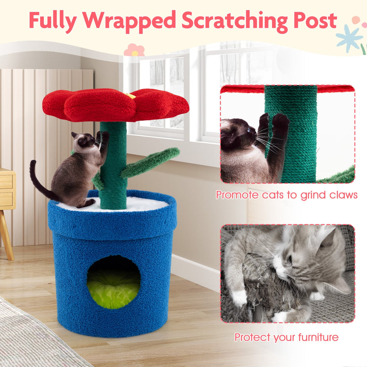 28.5 Inch Flower Cat Tree with a Petal Perch and a Planter Shaped Condo