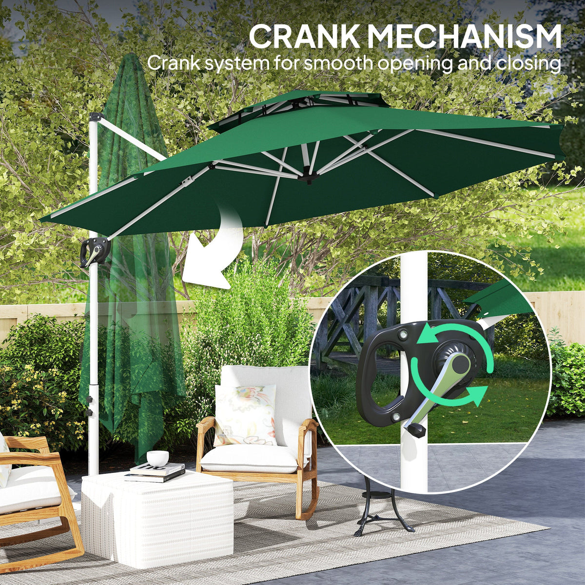 10 FT Cantilever Patio Umbrella with 360° Rotation & Adjustable Height, Cross Base, Crank and Tilt, Dark Green